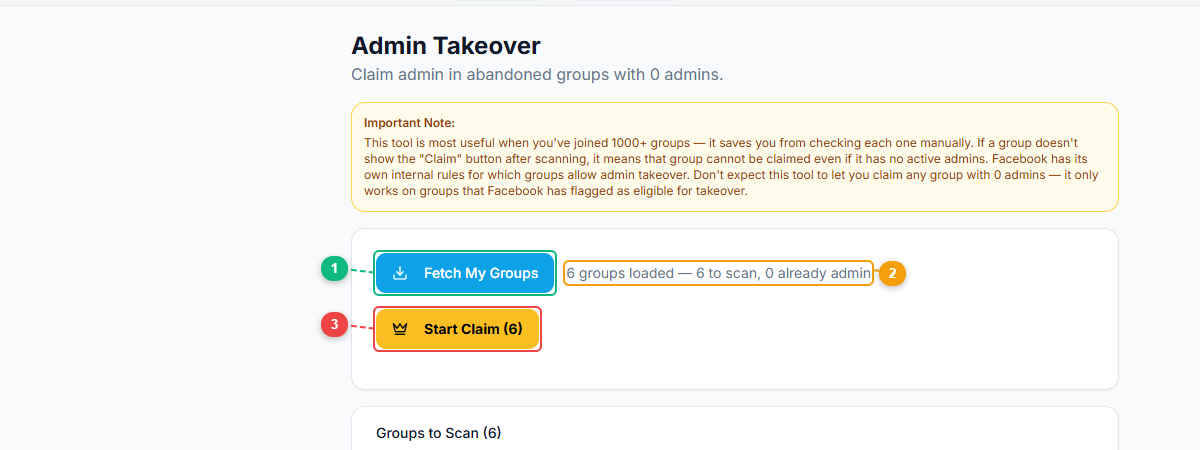 FaceBot Admin Takeover interface showing Fetch My Groups button, scan status, and Start Claim button with groups list