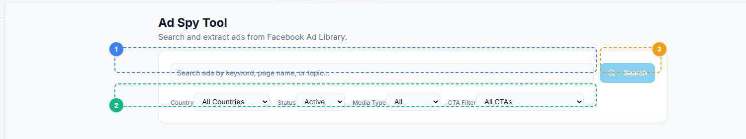 FaceBot Ads Library Scraper interface showing search input, filter options, and search button