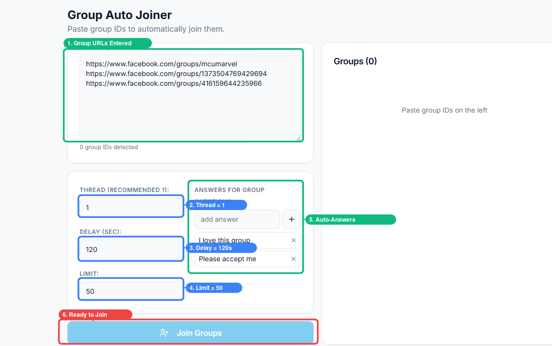Auto Group Joiner configured with group URLs, delay of 120 seconds, limit of 50, and pre-filled question answers ready to execute