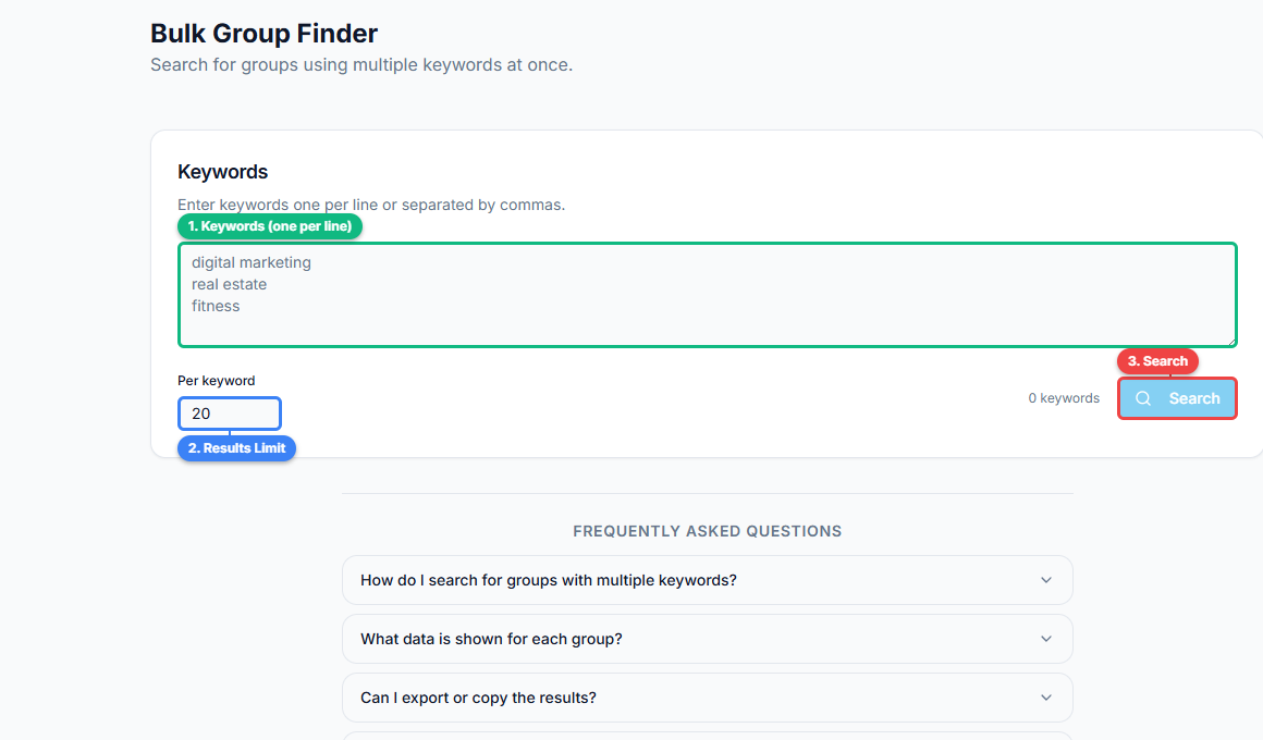 FaceBot Bulk Group Finder interface showing keywords input area, results limit per keyword, and search button