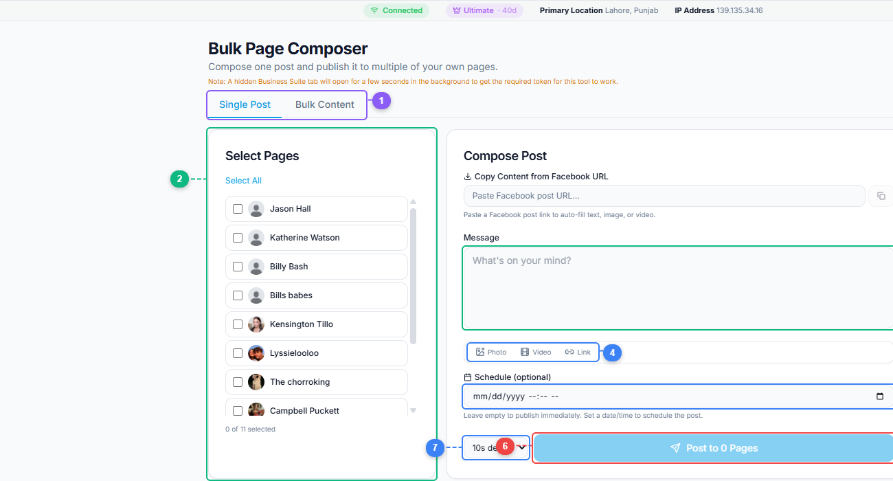 FaceBot Bulk Page Composer interface showing post mode tabs, page selection panel, message composer, media buttons, schedule field, delay setting, and publish button