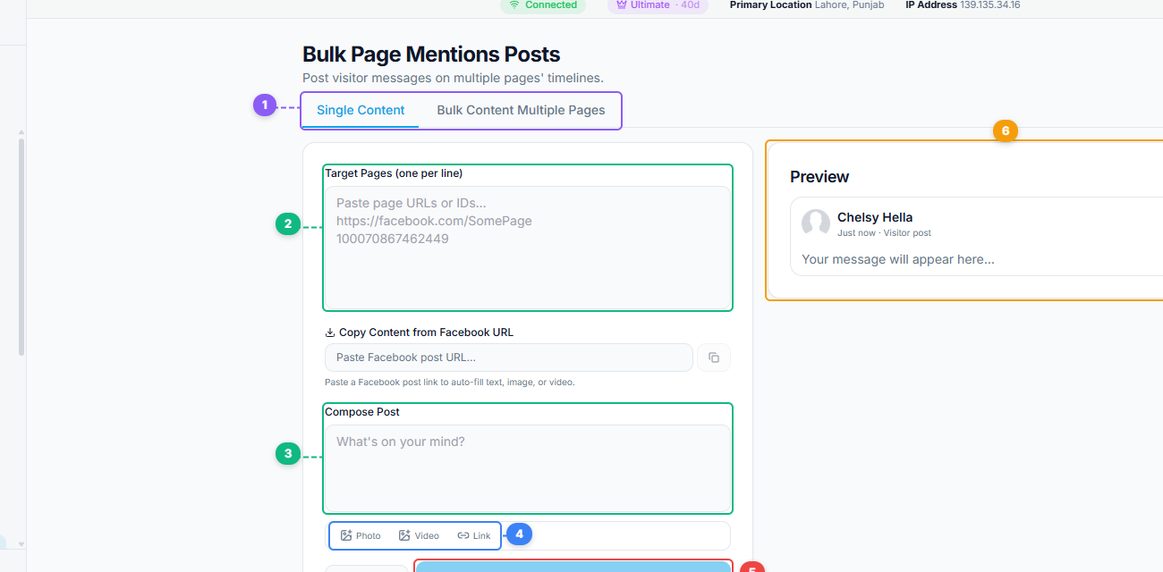 FaceBot Bulk Page Mentions Posts interface showing mode tabs, target pages input, compose post area, media buttons, and preview panel