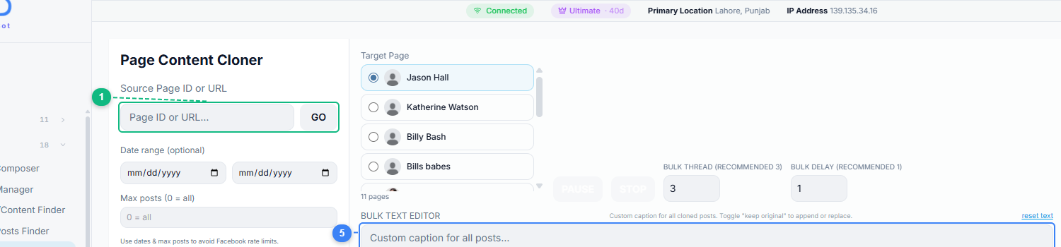 Page Content Cloner interface showing source page input, target page selector, bulk text editor, logo watermark, find and replace, and clone button