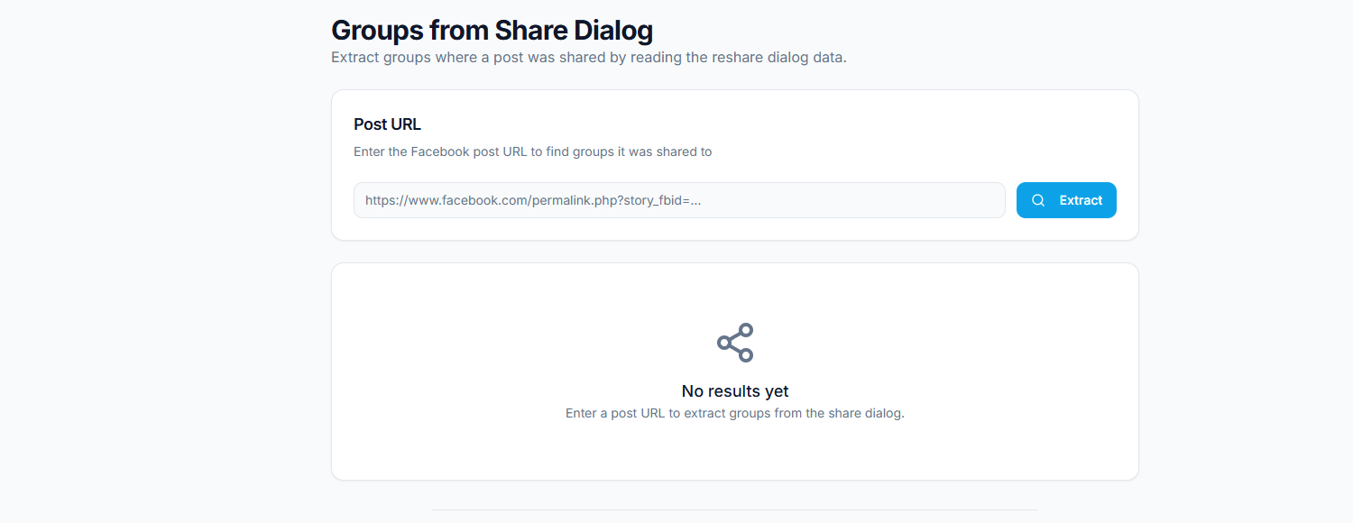 FaceBot Extract Groups from Share interface showing post URL input field, Extract button, and results panel