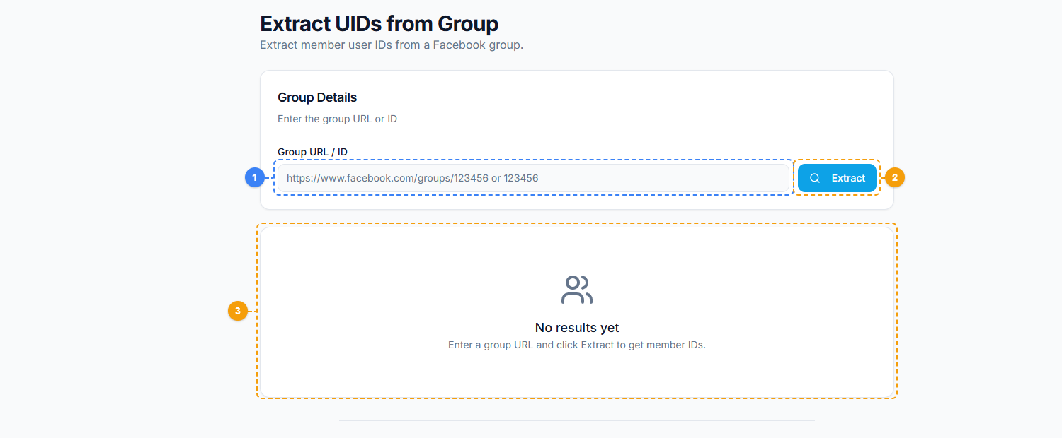 FaceBot Extract UIDs from Group interface showing group URL input field, Extract button, and results area