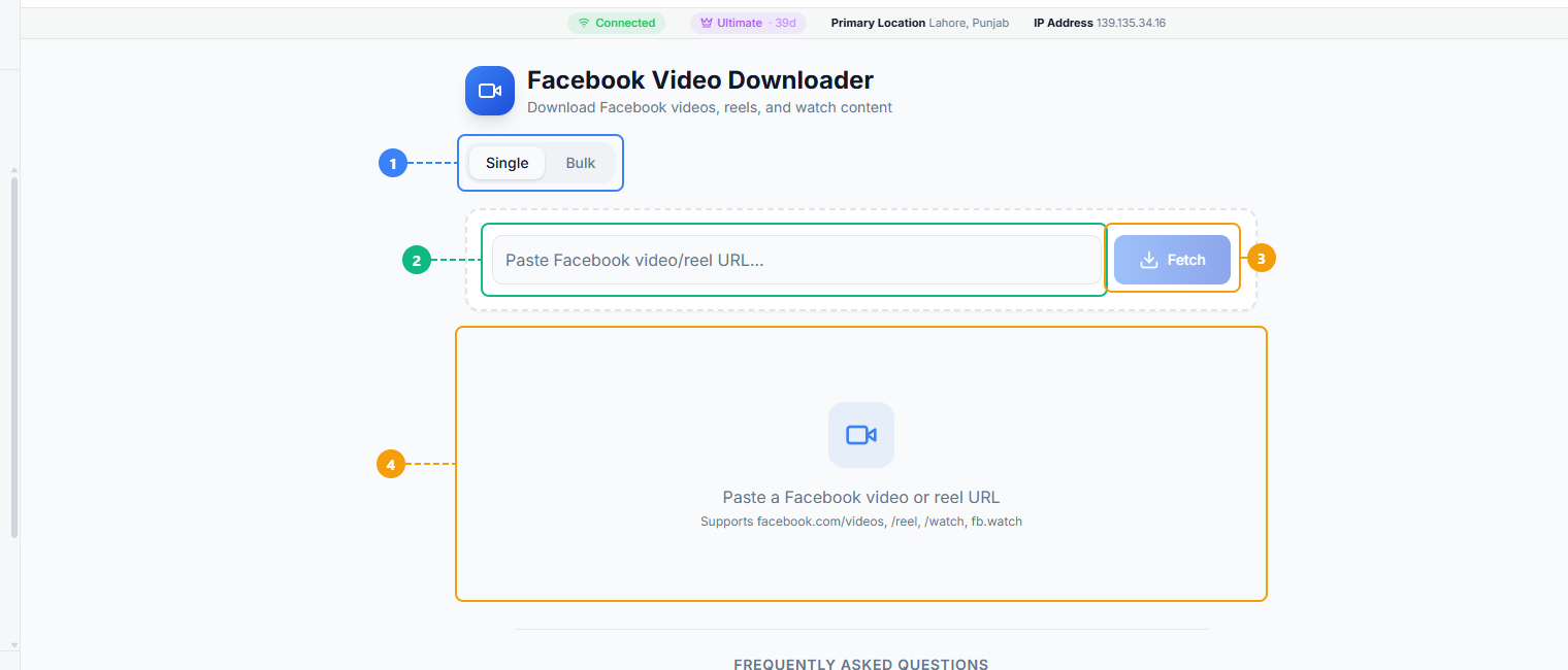 FaceBot Facebook Video Downloader interface showing Single and Bulk mode tabs, URL input field, Fetch button, and results area