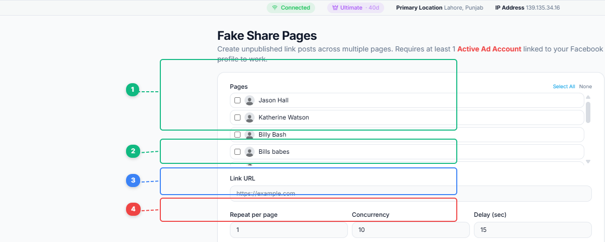 FaceBot Fake Share Pages interface showing page selection checkboxes, link URL input, repeat and concurrency settings, and Start Fake Share button