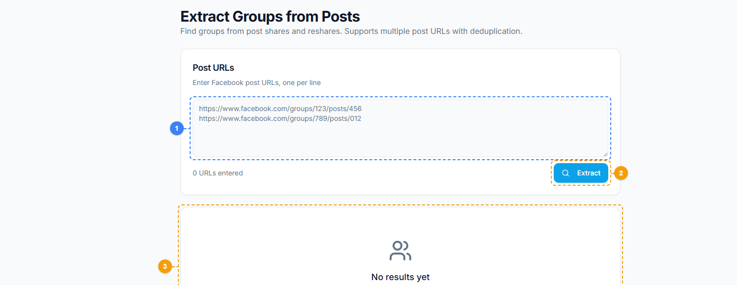 FaceBot Get Groups from Posts interface showing keyword input field, Search button, and results panel