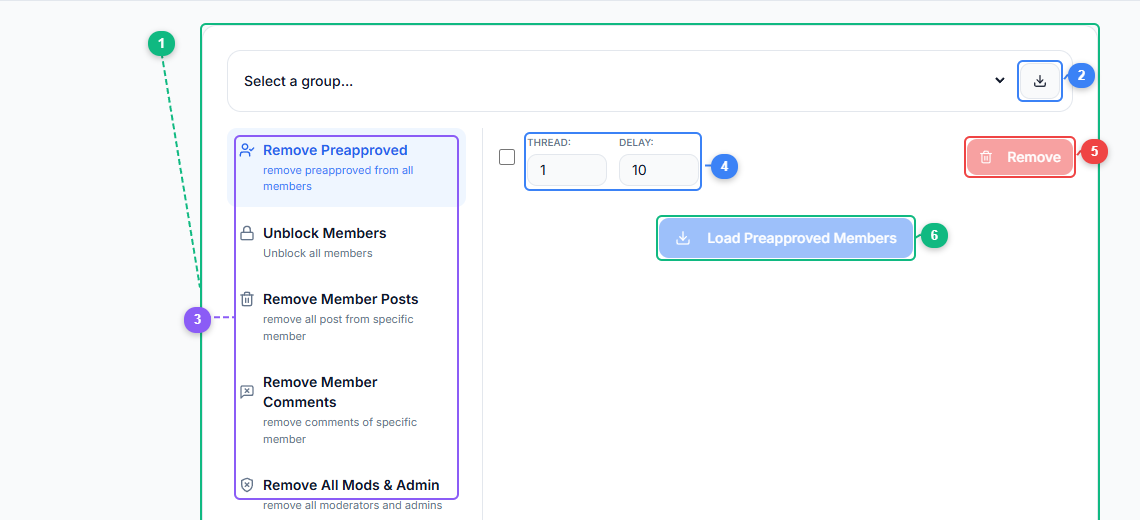 FaceBot Group Admin Manager interface showing group selector, action menu with five management options, thread and delay settings, remove and load buttons