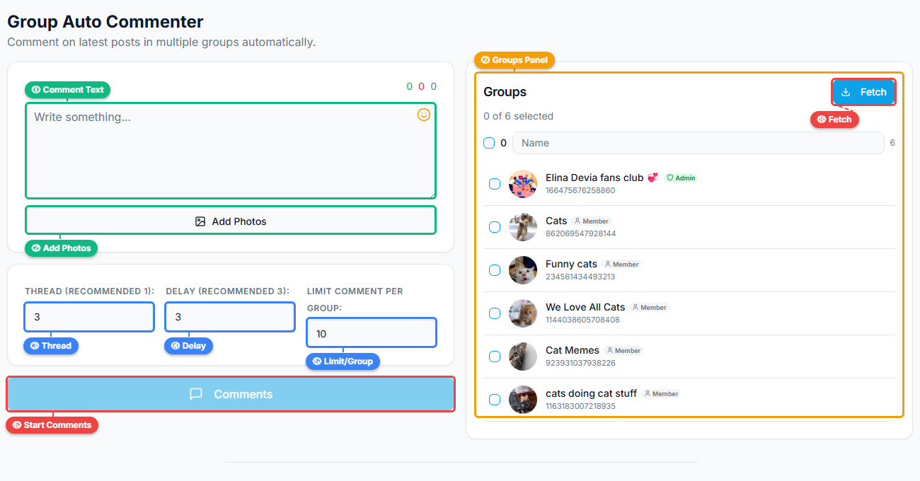 FaceBot Group Auto Commenter interface showing comment text area, photo attachment, thread and delay settings, limit per group control, and the groups panel with fetched groups