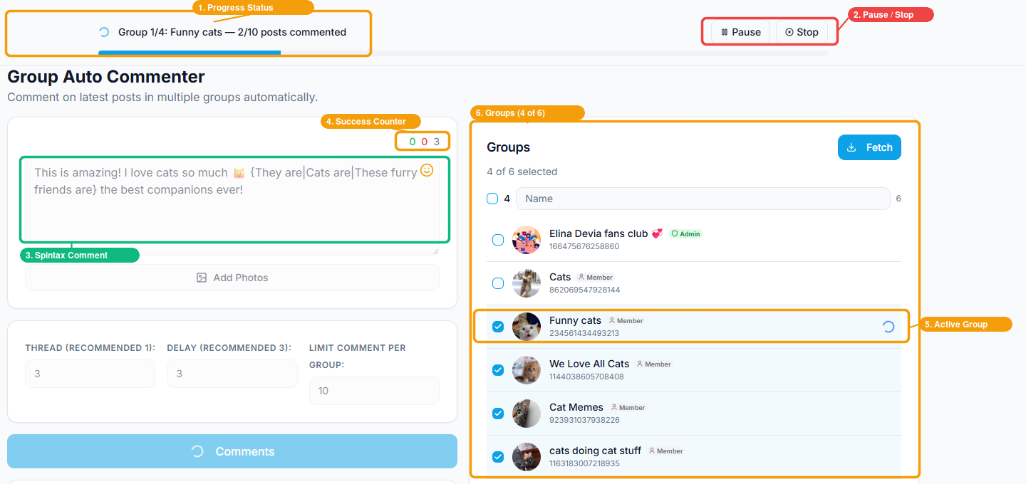 Group Auto Commenter in action showing progress status, pause and stop controls, spintax comment, success counter, active group being processed, and selected groups