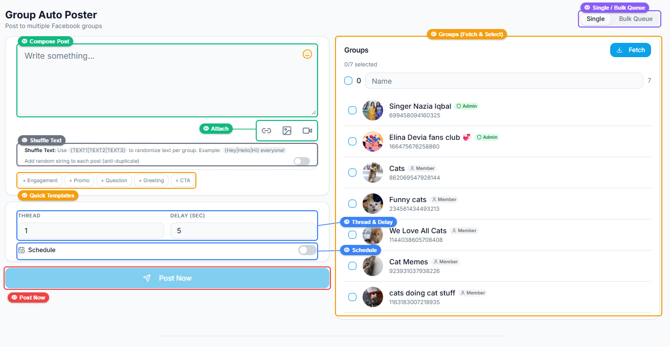 Group Auto Poster interface showing compose area, media attachments, quick templates, shuffle text toggle, thread and delay speed settings, schedule option, Post Now button, and groups panel with fetch and select