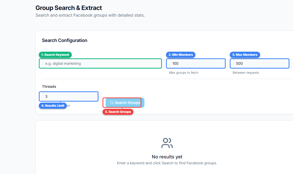 FaceBot Group Search and Extract interface showing keyword input, search button, results table with group names, member counts, and privacy status, and export options