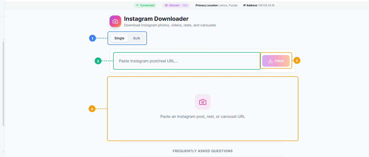 FaceBot Instagram Downloader interface showing Single and Bulk mode tabs, URL input field, Fetch button, and results area
