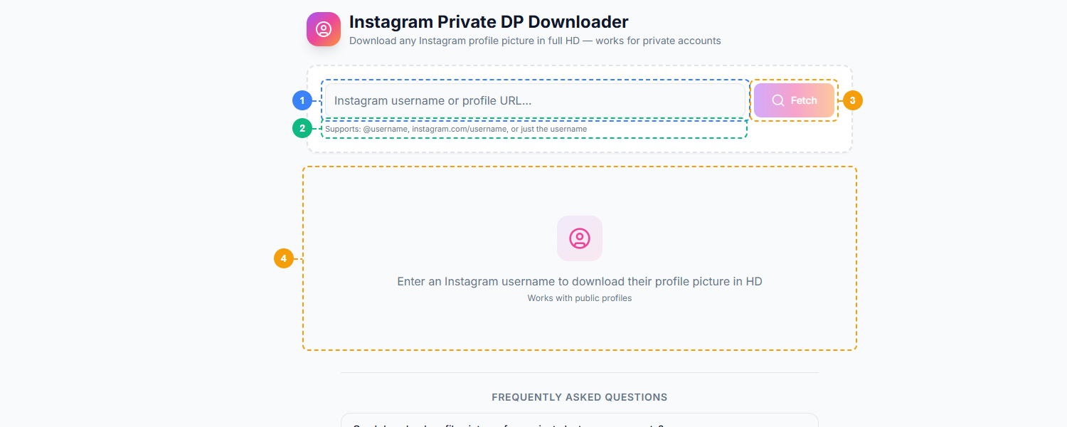 FaceBot Instagram Private DP Downloader interface showing URL input field, supported format hints, Fetch button, and results area