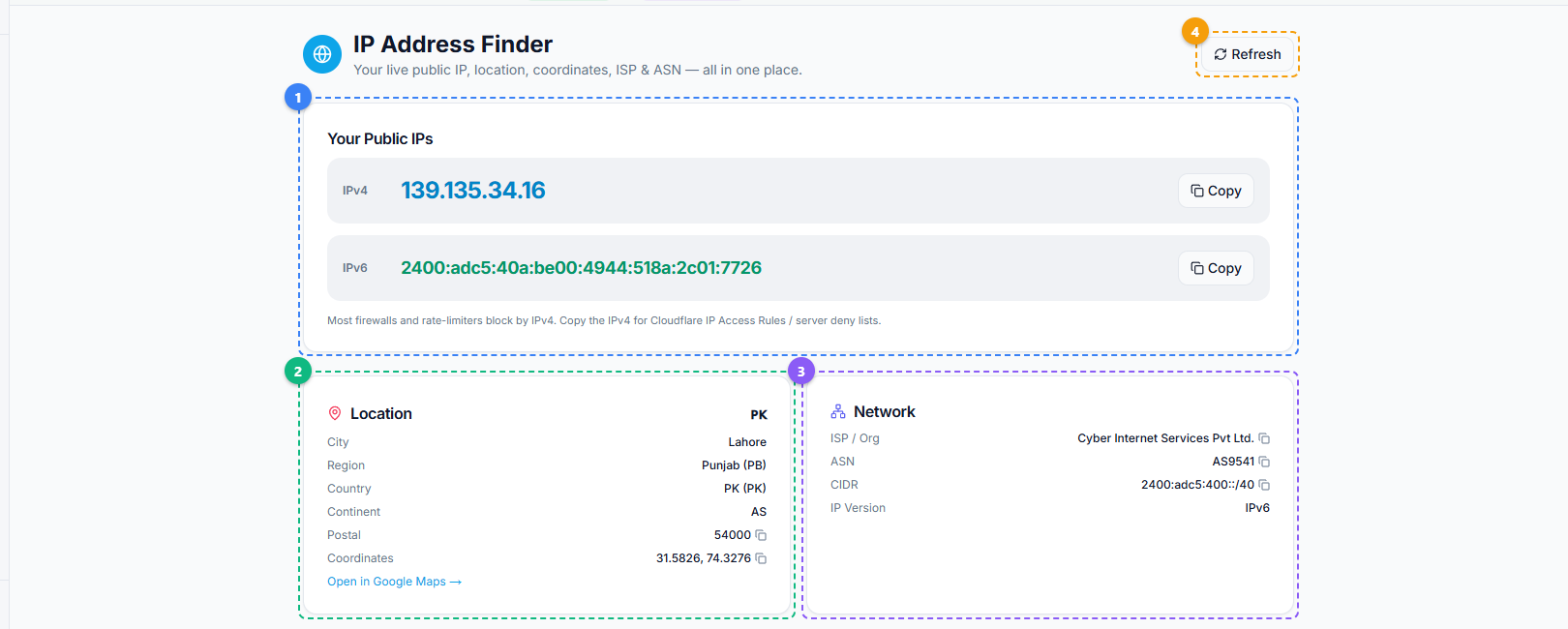FaceBot IP Address Finder interface showing public IP addresses, location details, network information, and refresh button