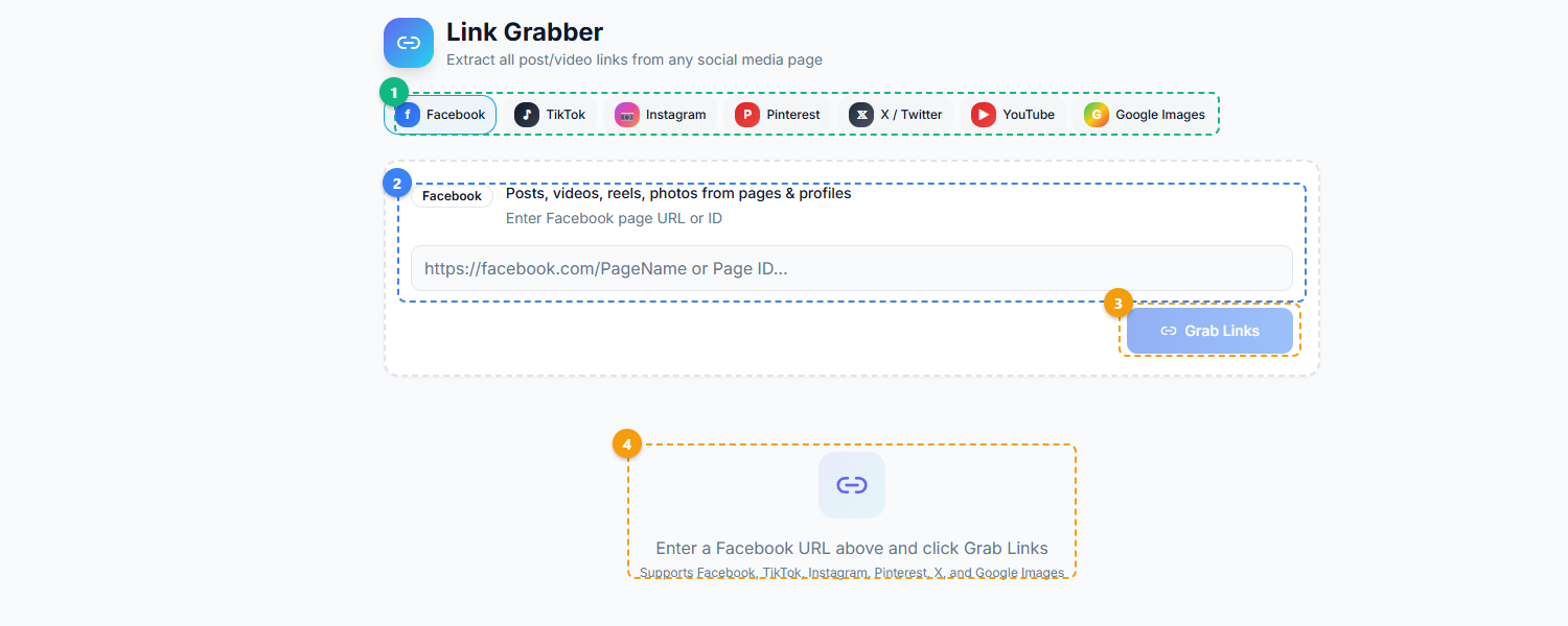 FaceBot Link Grabber interface showing platform tabs, URL input with description, Grab Links button, and results area