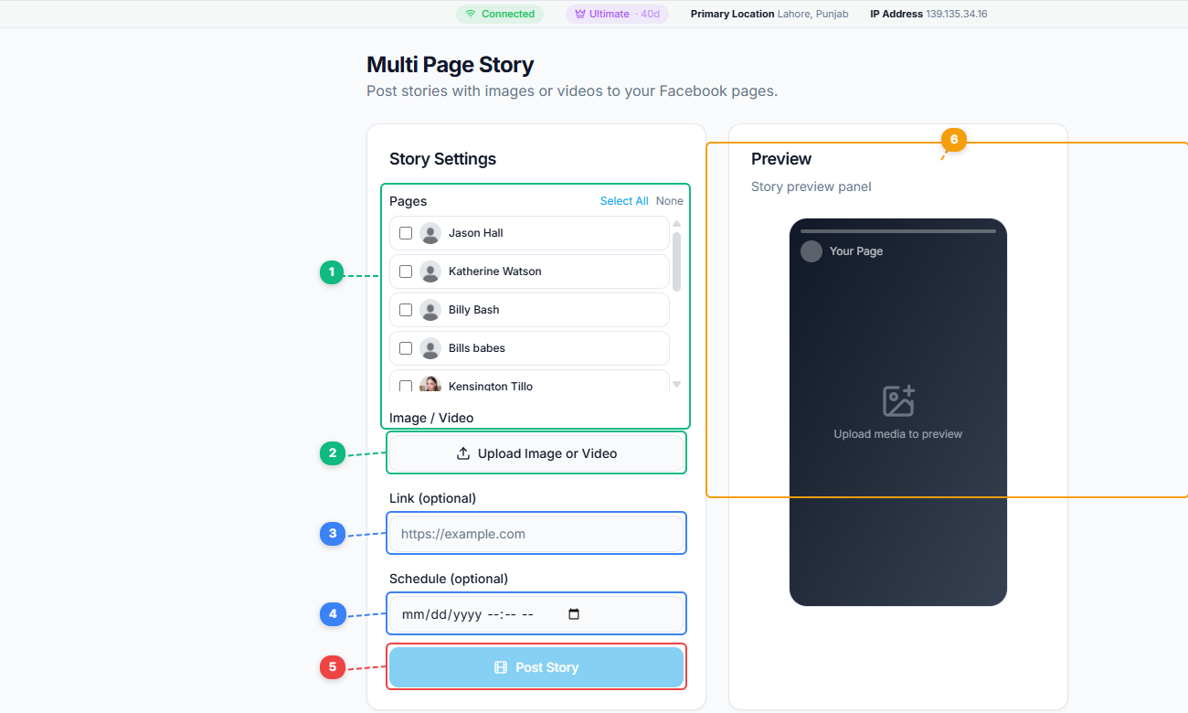FaceBot Multi Page Story interface showing page selection checkboxes, upload button, link and schedule fields, Post Story button, and preview panel