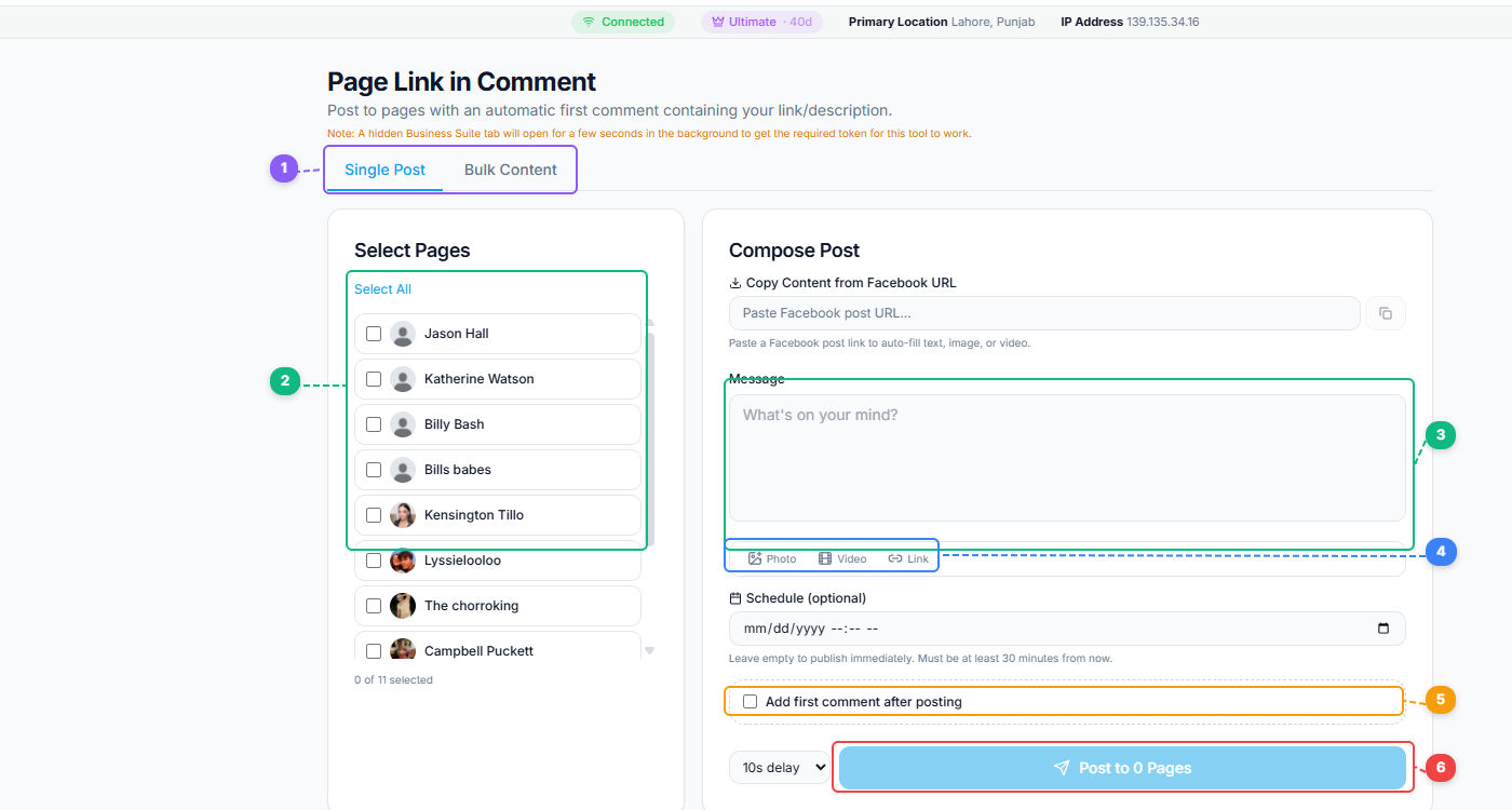 FaceBot Page Link in Comment interface showing mode tabs, page selection, message composer, media buttons, first comment checkbox, and post button