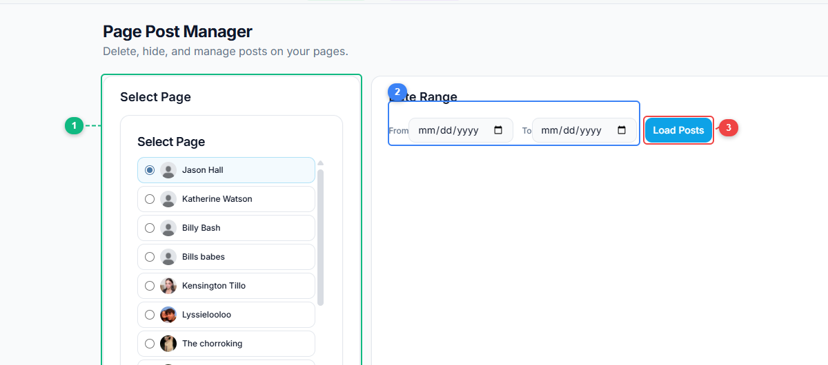 FaceBot Page Post Manager interface showing page selection list, date range filters, and Load Posts button