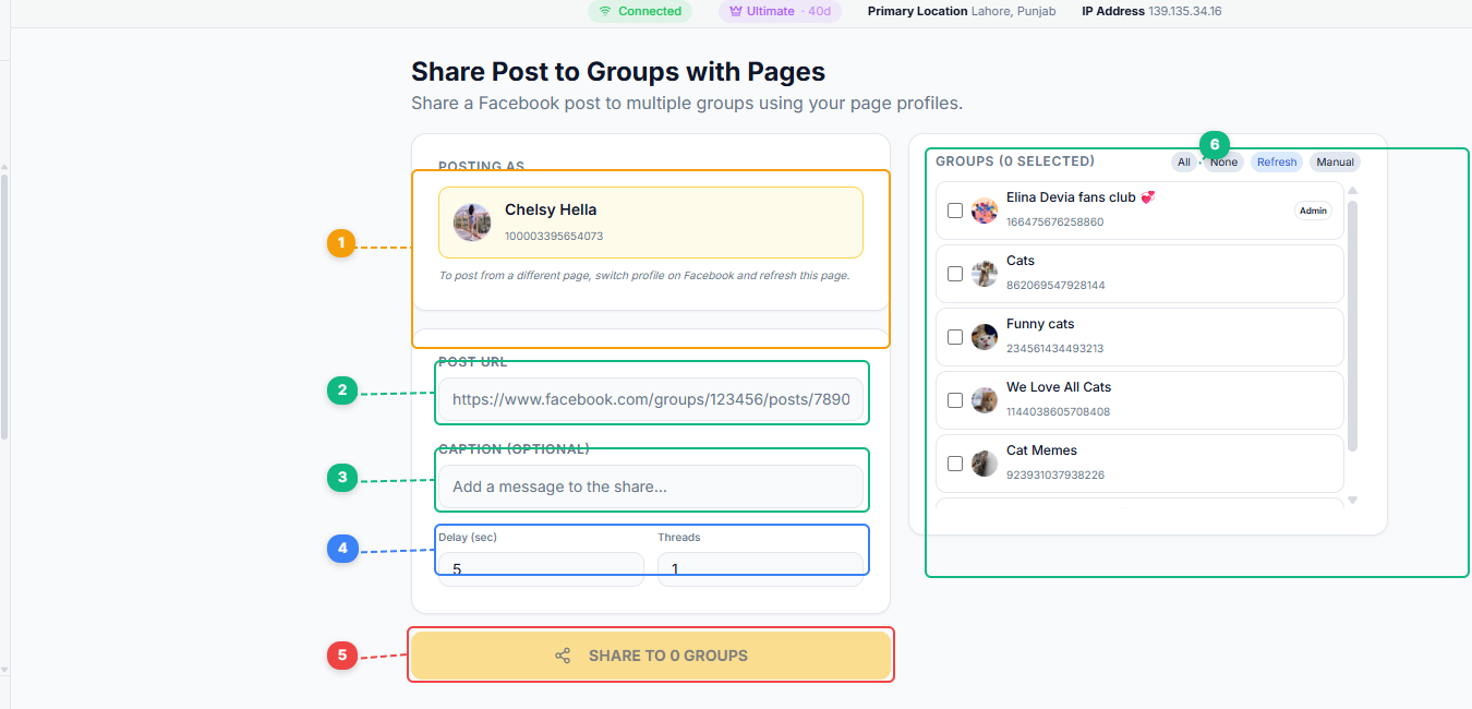 FaceBot Pages Share to Groups interface showing posting identity, post URL input, caption field, delay and thread settings, share button, and group selection panel