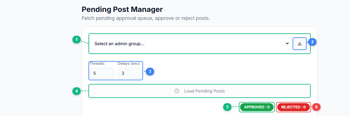 FaceBot Pending Post Manager interface showing group selector, threading controls, load button, and approval counters