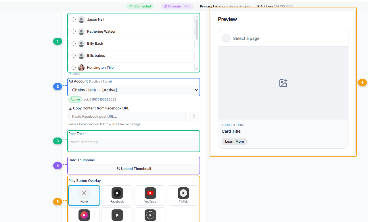 FaceBot Picture Link Post interface showing page selection, ad account selector, post text composer, thumbnail upload, play button overlay options, and preview panel