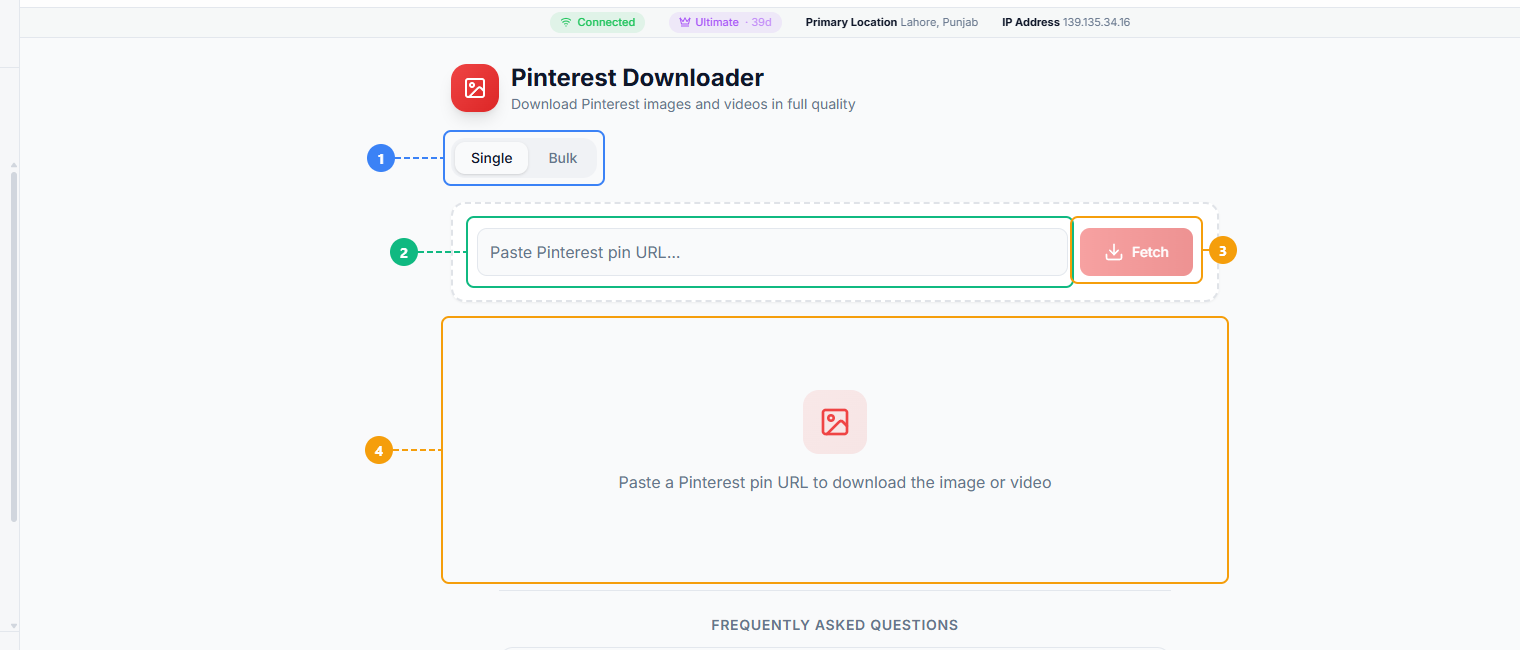 FaceBot Pinterest Downloader interface showing Single and Bulk mode tabs, URL input field, Fetch button, and results area