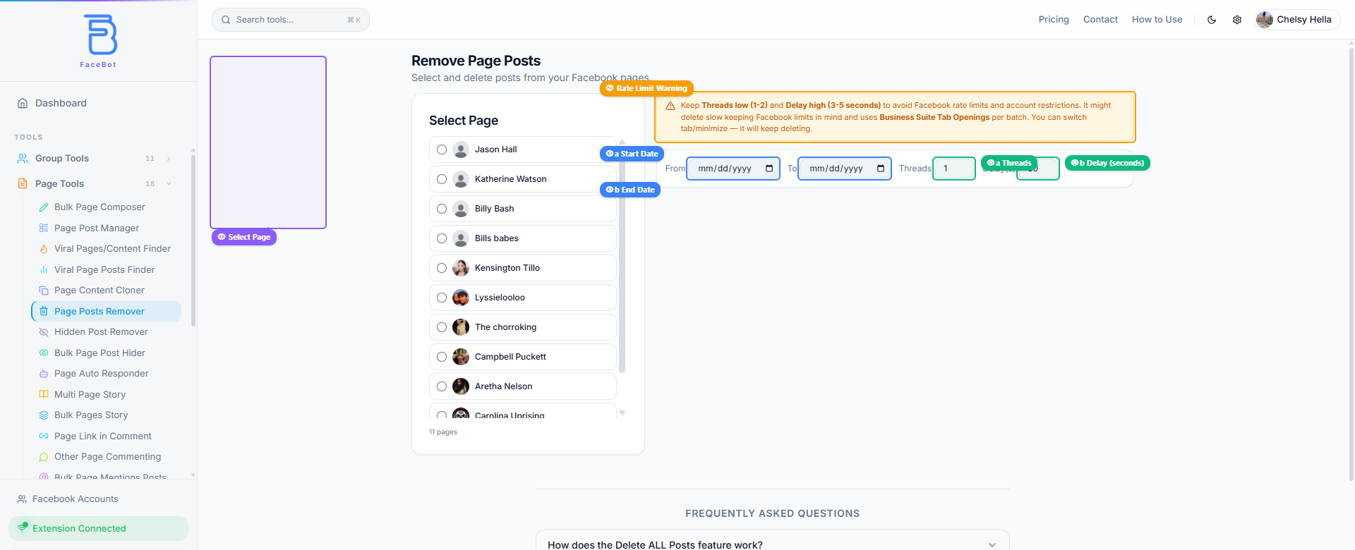 Page Posts Remover interface showing page selector, rate limit warning, date range filters, and thread/delay speed controls
