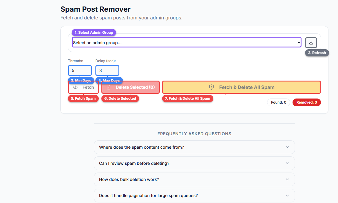FaceBot Spam Post Remover interface showing group selection, refresh button, spam detection filters, and scan controls