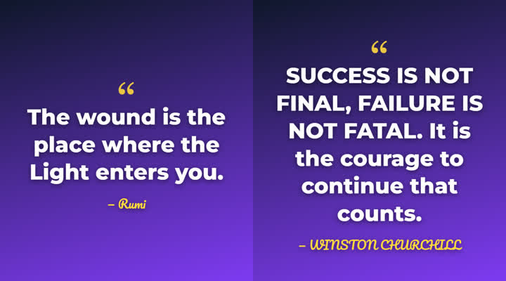 Two quote posts in a bold purple design with gold author names