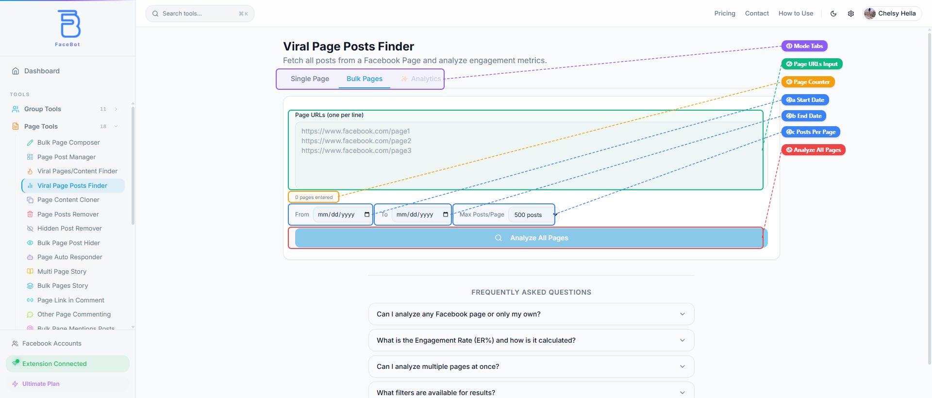 Viral Page Posts Finder Bulk Pages mode showing multi-URL textarea, date filters, and Analyze All Pages button