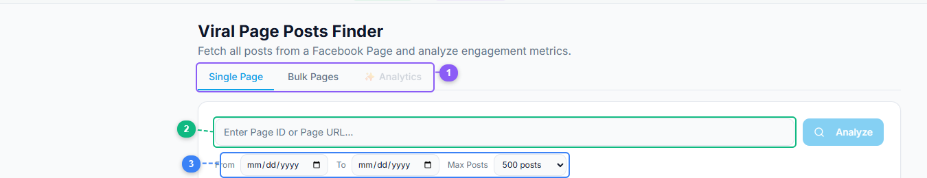 Viral Page Posts Finder Single Page mode showing URL input, date filters, max posts limit, and Analyze button